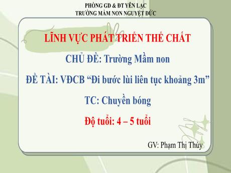 Bài giảng Mầm non Lớp Chồi - Chủ đề: Trường Mầm non - Đề tài: Vận động Đi bước lùi liên tục khoảng 3m. Trò chơi Chuyền bóng - Phạm Thị Thùy