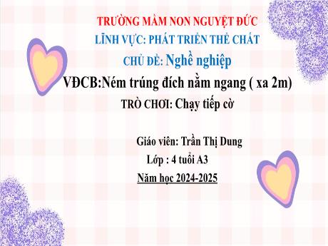 Bài giảng Mầm non Lớp Chồi - Lĩnh vực Phát triển thể chất - Chủ đề: Nghề nghiệp. Ném trúng đích nằm ngang. Chạy tiếp cờ - Trần Thị Dung
