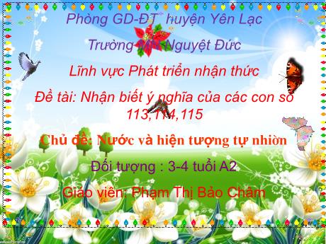 Bài giảng Mầm non Lớp Mầm - Chủ đề: Nước và hiện tượng nhiên - Đề tài: Nhận biết ý nghĩa của các con số 113, 114, 115 - Phạm Thị Bảo Châm