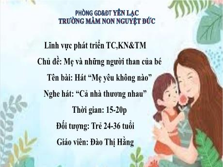 Bài giảng Mầm non Lớp Nhà trẻ - Chủ đề: Mẹ và những người thân của bé - Đề tài: Hát Mẹ yêu không nào. Nghe hát  Cả nhà thương nhau - Đào Thị Hằng
