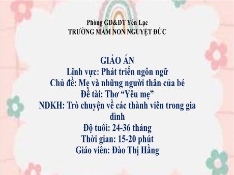 Bài giảng Mầm non Lớp Nhà trẻ - Chủ đề: Mẹ và những người thân của bé - Đề tài: Thơ Yêu mẹ. Trò chuyện về các thành viên trong gia đình - Đào Thị Hằng