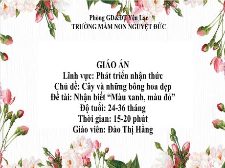Bài giảng Mầm non Lớp Nhà trẻ - Lĩnh vực phát triển nhận thức - Chủ đề: Cây và những bông hoa đẹp - Đề tài: Nhận biết Màu xanh, màu đỏ - Đào Thị Hằng
