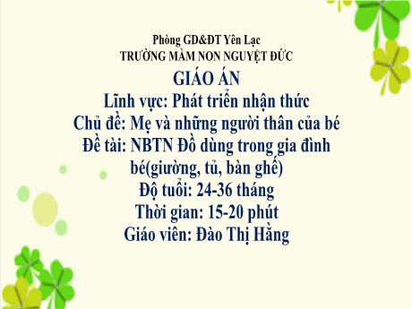 Bài giảng Mầm non Lớp Nhà trẻ - Phát triển nhận thức - Chủ đề: Mẹ và những người thân của bé - Đề tài: Nhận biết Đồ dùng trong gia đình bé - Đào Thị Hằng