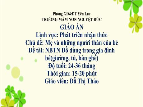 Bài giảng Mầm non Lớp Nhà trẻ - Phát triển nhận thức - Chủ đề: Mẹ và những người thân của bé - Đề tài: Nhận biết Đồ dùng trong gia đình bé - Đỗ Thị Thảo