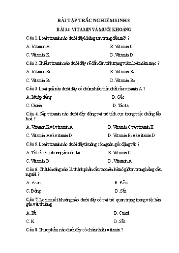 Câu hỏi trắc nghiệm ôn tập Sinh học 8 - Bài 34+36+38+39+40