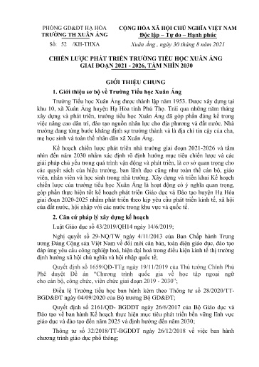 Chiến lược phát triển Trường Tiểu học Xuân Áng giai đoạn 2021-2026, tầm nhìn 2030