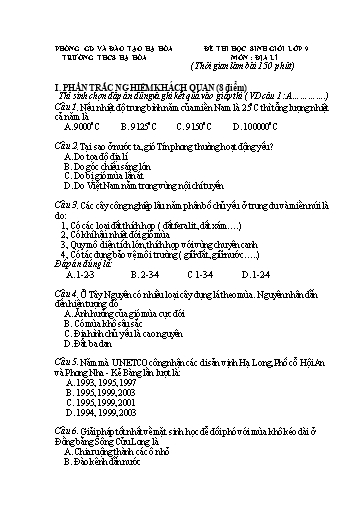 Đề thi Học sinh giỏi Địa lí 9 - Trường THCS Hạ Hòa