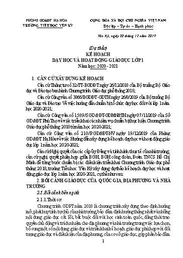 Kế hoạch Dạy học và hoạt động giáo dục lớp 1 năm học 2020-2021 - Trường Tiểu học Yên Kỳ