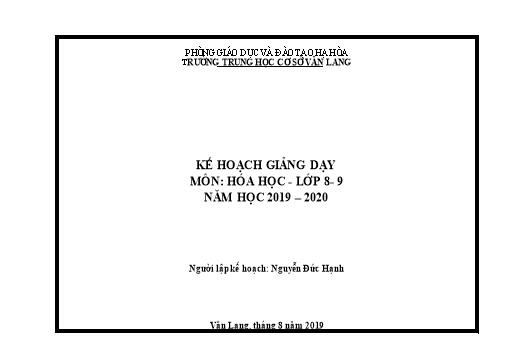 Kế hoạch giảng dạy Hóa học Lớp 8+9 - Năm học 2019-2020 - Nguyễn Đức Hạnh
