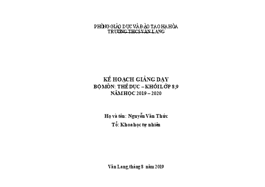 Kế hoạch giảng dạy Thể dục Lớp 8+9 - Năm học 2019-2020 - Nguyễn Văn Thức
