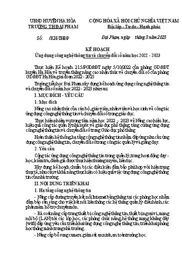 Kế hoạch Ứng dụng công nghệ thông tin và chuyển đổi số năm học 2022-2023 - Trường Tiểu học Đại Phạm