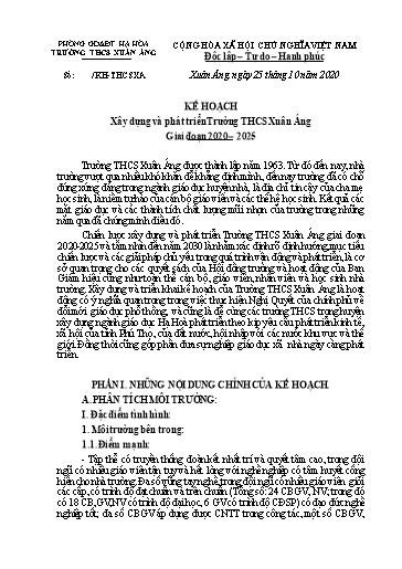 Kế hoạch Xây dựng và phát triển Trường THCS Xuân Áng giai đoạn 2020-2025
