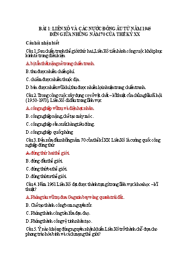 Tài liệu ôn tập Lịch sử 9 - Trường THCS Yên Luật (Có đáp án)
